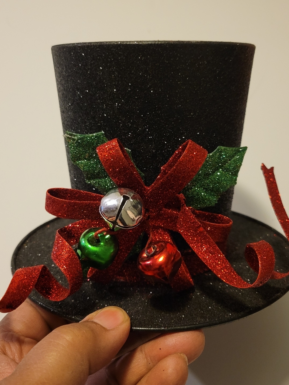 Large Black Glitter Holiday Christmas Top Hat Mistletoe Bells Pillar Candle Base